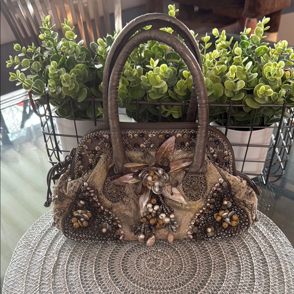 Brown Embellished Shoulder Bag with Textured Design
